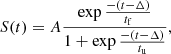 $$ \begin{aligned} S(t)=A \frac{ \exp \frac{-(t-\Delta )}{t_{\rm f}}}{1+\exp \frac{-(t-\Delta )}{t_{\rm u}}}, \end{aligned} $$