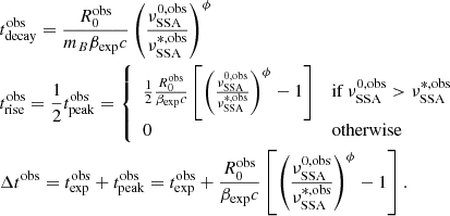$$ \begin{aligned}&t^\mathrm{obs}_{\rm decay} = \frac{R_{0}^\mathrm{obs}}{m_B\beta _{\rm exp}c}\left(\frac{\nu ^{0,\mathrm {obs}}_{\rm SSA}}{\nu ^{*,\mathrm {obs}}_{\rm SSA}}\right)^{\phi } \\&t^\mathrm{obs}_{\rm rise} = \frac{1}{2}t^\mathrm{obs}_{\rm peak} = \left\{ \begin{array}{ll} \frac{1}{2} \frac{R_{0}^\mathrm{obs}}{\beta _{\rm exp}c} \left[\left(\frac{\nu ^{0,\mathrm {obs}}_{\rm SSA}}{\nu ^{*,\mathrm {obs}}_{\rm SSA}}\right)^{\phi }-1\right]&\mathrm{if}\,\nu ^{0,\mathrm {obs}}_{\rm SSA} > \nu ^{*,\mathrm {obs}}_{\rm SSA} \\ 0&\mathrm{otherwise}\end{array}\right.\nonumber \\&\Delta t^\mathrm{obs} = t^\mathrm{obs}_{\rm exp}+t^\mathrm{obs}_{\rm peak} = t^\mathrm{obs}_{\rm exp}+ \frac{R_{0}^\mathrm{obs}}{\beta _{\rm exp}c} \left[\left(\frac{\nu ^{0,\mathrm {obs}}_{\rm SSA}}{\nu ^{*,\mathrm {obs}}_{\rm SSA}}\right)^{\phi }-1\right].\nonumber \end{aligned} $$