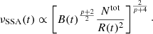 $$ \begin{aligned} \nu _{\rm SSA}(t) \propto \left[B(t)^{\frac{p+2}{2}}\frac{N^\mathrm{tot}}{R(t)^2}\right]^{\frac{2}{p+4}}\cdot \end{aligned} $$