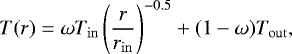\begin{equation*} T(r) = \omega T_{\mathrm{in}}\left(\frac{r}{r_{\mathrm{in}}}\right)^{-0.5}+(1-\omega)T_{\mathrm{out}},\end{equation*}