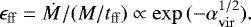 \begin{equation*} \epsilon_{\mathrm{ff}} = \dot{M}/(M/t_{\mathrm{ff}})\propto \mathrm{exp}\,(-\alpha_{\mathrm{vir}}^{1/2}).\end{equation*}