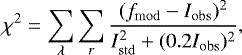 \begin{equation*} \chi^{2} = \sum_{\lambda}\sum_{r}\frac{(f_{\mathrm{mod}}-I_{\mathrm{obs}})^{2}}{I_{\mathrm{std}}^{2}+(0.2I_{\mathrm{obs}})^{2}} ,\end{equation*}