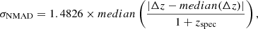 $$ \begin{aligned} \sigma _{\rm NMAD}=1.4826\times median \left( \frac{|\Delta z-median(\Delta z)|}{1+z_{\rm spec}}\right) ,\end{aligned} $$