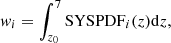 $$ \begin{aligned} { w}_i=\int _{z_0}^7 \mathrm{SYSPDF}_i (z) \mathrm{d}z ,\end{aligned} $$