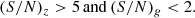 $$ \begin{aligned} (S/N)_z>5 \,\mathrm{and} \,(S/N)_{g} < 2 .\end{aligned} $$
