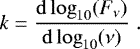 \begin{equation*}k=\frac{\mathrm{d}\log_{10}(F_{\nu})}{\mathrm{d}\log_{10}(\nu)}\;.\end{equation*}