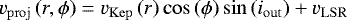 \begin{equation*}v_{\mathrm{proj}}\left(r,\phi\right)=v_{\mathrm{Kep}}\left(r\right)\cos\left(\phi\right)\sin\left(i_{\mathrm{out}}\right)+v_{\mathrm{LSR}}\end{equation*}