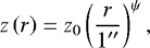 \begin{equation*}z\left(r\right)=z_0\left(\frac{r}{1\hbox{$^{\prime\prime}$}}\right)^{\psi},\end{equation*}