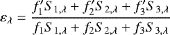 \begin{equation*} \varepsilon_{\lambda} = \frac{f\prime_1 S_{1,\lambda} + f\prime_2 S_{2,\lambda} + f\prime_3 S_{3,\lambda}}{f_1 S_{1,\lambda} + f_2 S_{2,\lambda} + f_3 S_{3,\lambda}} \end{equation*}