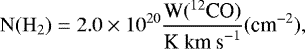 \begin{equation*} \mathrm{N(H_2)}=2.0 \times 10^{20} \frac{{\textrm{W}(^{12}\textrm{CO})}}{\textrm{K~km~s}^{-1}} (\textrm{cm}^{-2}),\end{equation*}