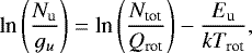 \begin{equation*} \textrm{ln}\left(\frac{N_{\textrm{u}}}{g_u}\right)=\textrm{ln}\left(\frac{N_{\textrm{tot}}}{Q_{\textrm{rot}}}\right)-\frac{E_{\textrm{u}}}{kT_{\textrm{rot}}},\end{equation*}