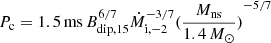 $ P_{\mathrm{c}} = 1.5\,\mathrm{ms}\,B_{\mathrm{dip,15}}^{6/7} \dot{M}_{\mathrm{i,-2}}^{-3/7} {(\frac{M_{\mathrm{ns}}}{1.4\,M_{\odot}})}^{-5/7} $