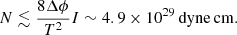 $$ \begin{aligned} N \lesssim \frac{8 \Delta \phi }{T^2} I \sim 4.9 \times 10^{29}\,\mathrm{dyne\,cm}. \end{aligned} $$