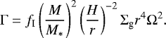 \begin{equation*}\Gamma = f_{\textrm{I}} \left(\frac{M}{M_*}\right)^{2}\left(\frac{H}{r}\right)^{-2} \Sigma_{\textrm{g}} r^4 \Omega^2.\end{equation*}