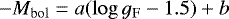\begin{equation*}-M_{\mathrm{bol}}=a(\log g_{\mathrm{F}}-1.5)+b\end{equation*}