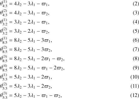 \begin{align} \theta_{4:3}^{(1)} &= 4\lambda_2 - 3\lambda_1 - \varpi_1,\\ \theta_{4:3}^{(2)} &= 4\lambda_2 - 3\lambda_1 - \varpi_2,\\ \theta_{3:2}^{(1)} &= 3\lambda_2 - 2\lambda_1 - \varpi_1,\\ \theta_{3:2}^{(2)} &= 3\lambda_2 - 2\lambda_1 - \varpi_2,\\ \theta_{8:5}^{(1)} &= 8\lambda_2 - 5\lambda_1 - 3\varpi_1,\\ \theta_{8:5}^{(2)} &= 8\lambda_2 - 5\lambda_1 - 3\varpi_2,\\ \theta_{8:5}^{(3)} &= 8\lambda_2 - 5\lambda_1 - 2\varpi_1 - \varpi_2,\\ \theta_{8:5}^{(4)} &= 8\lambda_2 - 5\lambda_1 - \varpi_1 - 2\varpi_2,\\ \theta_{5:3}^{(1)} &= 5\lambda_2 - 3\lambda_1 - 2\varpi_1,\\ \theta_{5:3}^{(2)} &= 5\lambda_2 - 3\lambda_1 - 2\varpi_2, \\ \theta_{5:3}^{(3)} &= 5\lambda_2 - 3\lambda_1 - \varpi_1-\varpi_2,\end{align}