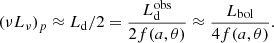 $$ \begin{aligned} (\nu L_\nu )_p \approx L_{\rm d}/2 = \frac{L^\mathrm{obs}_{\rm d}}{2f(a,\theta )} \approx \frac{L_{\rm bol}}{4f(a,\theta )}. \end{aligned} $$