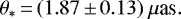 \begin{equation*}\theta_*\,{=}\,(1.87\,{\pm}\,0.13)~\mu{\textrm{as}}.\end{equation*}