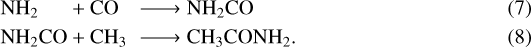 \begin{eqnarray}\textrm{NH}_2 &+& CO \longrightarrow \mathrm{NH_2CO}\\\textrm{NH}_2\textrm{CO} &+& \textrm{CH}_3 \longrightarrow \mathrm{CH_3CONH_2}.\end{eqnarray}