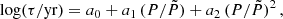 $$ \begin{aligned} \log (\tau / \mathrm{yr})= a_0 + a_1\,(P/\tilde{P})+a_2\,(P/\tilde{P})^2\,, \end{aligned} $$