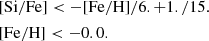 $$ \begin{aligned} \begin{aligned}&\mathrm{[Si/Fe]} < -\mathrm{[Fe/H]}/6. + 1./15. \\&\mathrm{[Fe/H]} < -0.0. \end{aligned} \end{aligned} $$