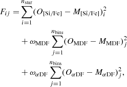 $$ \begin{aligned} \begin{aligned} F_{ij} =&\sum _{i=1}^{n_{\rm star}}(O_{\rm [Si/Fe]}-M_{\rm [Si/Fe]})_i^2\\& +\omega _{\rm MDF} \sum _{j=1}^{n_{\rm bins}}(O_{\rm MDF}-M_{\rm MDF})_j^2 \\& +\omega _{\alpha \mathrm{DF}} \sum _{j=1}^{n_{\rm bins}}(O_{\alpha \mathrm{DF}}-M_{\alpha \mathrm{DF}})_j^2, \end{aligned} \end{aligned} $$