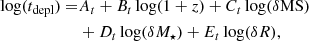 $$ \begin{aligned} \begin{aligned} \log (t_{\rm depl}) =&A_t + B_t \log (1+z) + C_t \log (\delta \mathrm{MS}) \\&+ D_t \log (\delta M_{\star }) + E_t \log (\delta R), \end{aligned} \end{aligned} $$
