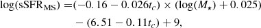 $$ \begin{aligned} \begin{aligned} \log (\mathrm{sSFR}_{\rm MS}) =&(-0.16 - 0.026 t_c) \times (\log (M_{\star }) + 0.025) \\& -(6.51 - 0.11t_c) + 9, \end{aligned} \end{aligned} $$