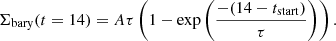 $$ \begin{aligned} \Sigma _{\rm bary}(t=14) = A\tau \left(1-\exp \left(\frac{-(14-t_{\rm start})}{\tau }\right)\right). \end{aligned} $$