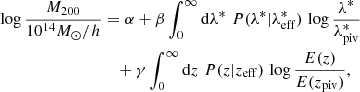 $$ \begin{aligned} \log \frac{M_{200}}{10^{14}M_\odot /h}&= \alpha + \beta \int _0^\infty \mathrm{d}\lambda ^*\,\, P(\lambda ^*|\lambda ^*_{\rm eff})\,\log \frac{\lambda ^*}{\lambda ^*_{\rm piv}} \nonumber \\&\quad +\gamma \int _0^\infty \mathrm{d}z\,\, P(z|z_{\rm eff})\,\log \frac{E(z)}{E(z_{\rm piv})}, \end{aligned} $$