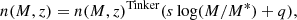 $$ \begin{aligned} n(M,z)=n(M,z)^\mathrm{Tinker}(s\log (M/M^*)+q), \end{aligned} $$