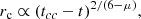 $$ \begin{aligned} r_{\rm c} \propto {(t_{cc} - t)}^{2/(6-\mu )}, \end{aligned} $$