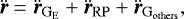 \begin{equation*} \ddot{\vec{r}} = \ddot{\vec{r}}_{\mathrm{G}_{\mathrm{E}}}+\ddot{\vec{r}}_{\mathrm{RP}}+\ddot{\vec{r}}_{\mathrm{G}_{\mathrm{others}} } ,\end{equation*}