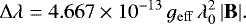 \begin{align*}\Delta \lambda = 4.667 \times 10^{-13} \, g_{\rm{eff}} \, \lambda_{0}^{2} \, |\textbf{B}|.\end{align*}