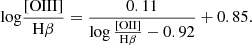 $$ \begin{aligned} \mathrm{log}\frac{\mathrm{[OIII]}}{\mathrm{H\beta }} = \frac{0.11}{\log \frac{\mathrm{[OII]}}{\mathrm{H\beta }} - 0.92} + 0.85. \end{aligned} $$