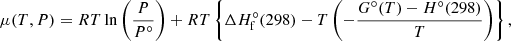 $$ \begin{aligned} \mu (T,P)= RT\ln \left(\dfrac{P}{P^\circ }\right) + RT\left\{ \Delta H^\circ _\text{f}(298) - T\left(-\dfrac{{G^\circ }(T) - {H^\circ }(298)}{T}\right)\right\} , \end{aligned} $$