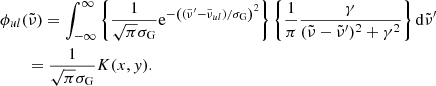 $$ \begin{aligned}&\phi _{ul}({\tilde{\nu }}) = \int _{-\infty }^\infty \left\{ \dfrac{1}{\sqrt{\pi }\sigma _{\rm G}}\mathrm{e} ^{-\left(({{\tilde{\nu }}^{\prime } - {\tilde{\nu }}_{ul}})/{\sigma _{\rm G}}\right)^2}\right\} \left\{ \dfrac{1}{\pi } \dfrac{\gamma }{({\tilde{\nu }}- {\tilde{\nu }}^{\prime })^2 + \gamma ^2} \right\} \mathrm{d}{\tilde{\nu }}^{\prime }\nonumber \\&\qquad = \dfrac{1}{\sqrt{\pi }\sigma _{\rm G}} K(x,{ y}). \end{aligned} $$