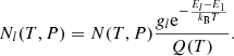 $$ \begin{aligned} N_l(T,P) = N(T,P)\dfrac{{g}_l\mathrm{e} ^{-\frac{E_l - E_1}{k_{\rm B}T}}}{Q(T)}. \end{aligned} $$