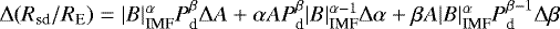 $\Delta (R_{\textrm{sd}} / R_{\textrm{E}}) = |B|_{\textrm{IMF}}^{\alpha} P_{\textrm{d}}^{\beta} \Delta A + \alpha A P_{\textrm{d}}^{\beta} |B|_{\textrm{IMF}}^{\alpha - 1} \Delta \alpha + \beta A |B|_{\textrm{IMF}}^{\alpha} P_{\textrm{d}}^{\beta -1} \Delta \beta$