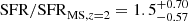 $ \mathrm{SFR/SFR}_{\mathrm{MS},z=2}=1.5^{+0.70}_{-0.57} $