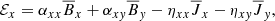 $$ \begin{aligned}&\mathcal{E} _x = \alpha _{xx}\overline{B}_x+ \alpha _{x{ y}}\overline{B}_{ y}- \eta _{xx}\overline{J}_x- \eta _{x{ y}}\overline{J}_{ y}, \end{aligned} $$