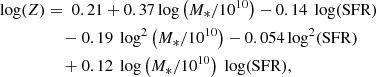 $$ \begin{aligned} \log (Z)&=\ 0.21+0.37 \log \left(M_{\rm *}/10^{10}\right)-0.14 \ \log (\mathrm{SFR} ) \nonumber \\&\quad \, -0.19 \ \log ^{2}\left(M_{\rm *}/10^{10}\right)-0.054 \log ^{2}(\mathrm{SFR} ) \\&\quad \, +0.12 \ \log \left(M_{\rm *}/10^{10}\right) \ \log (\mathrm{SFR} ),\nonumber \end{aligned} $$