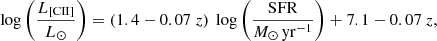 $$ \begin{aligned} \log \left(\frac{L_{\rm {[CII]}}}{L_{\odot }}\right)=(1.4-0.07 \ z) \ \log \left(\frac{\mathrm{SFR}}{M_{\odot }\,\mathrm{yr}^{-1}}\right)+7.1-0.07 \ z , \end{aligned} $$