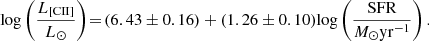 $$ \begin{aligned} \!\log \left(\frac{L_{\rm {[CII]}}}{L_{\odot }}\right)\!=\!(6.43 \pm 0.16)+(1.26 \pm 0.10) \! \log \left(\frac{\mathrm{{SFR}}}{M_{\odot }\mathrm {yr}^{-1}}\right). \end{aligned} $$