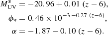 $$ \begin{aligned} M^{*}_{\rm {UV}}&=-20.96+0.01 \ (z-6),\nonumber \\ \phi _{*}&=0.46 \times 10^{-3\,-0.27 \ (z-6)},\\ \alpha&=-1.87 - 0.10 \ (z-6) .\nonumber \end{aligned} $$
