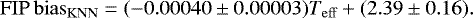 \begin{equation*} \mathrm{FIP\,bias_{KNN}} = (-0.00040 \pm 0.00003) T_{\mathrm{eff}} + (2.39 \pm 0.16) .\end{equation*}