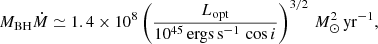 $$ \begin{aligned} M_{\rm BH}\dot{M} \simeq 1.4 \times 10^8 \left(\frac{L_{\rm opt}}{10^{45}\,\mathrm{ergs\,s^{-1}}\,\cos {i}}\right)^{3/2}\,{M_\odot ^2\,\mathrm{yr}^{-1}}, \end{aligned} $$