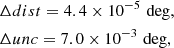 $$ \begin{aligned}&\Delta dist = 4.4 \times 10^{-5}\,\deg ,\nonumber \\&\Delta unc = 7.0 \times 10^{-3}\,\deg , \end{aligned} $$