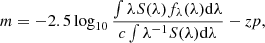 $$ \begin{aligned} m=-2.5\log _{10} \frac{\int {\lambda S(\lambda ) f_\lambda (\lambda )\mathrm{d}\lambda }}{c \int {\lambda ^{-1}S(\lambda ) \mathrm{d}\lambda }} - zp, \end{aligned} $$