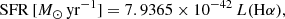 $$ \begin{aligned} \mathrm{SFR} \,[M_{\odot }\,\mathrm{yr} ^{-1}]=7.9365\times 10^{-42}\,L(\mathrm{H} \alpha ), \end{aligned} $$